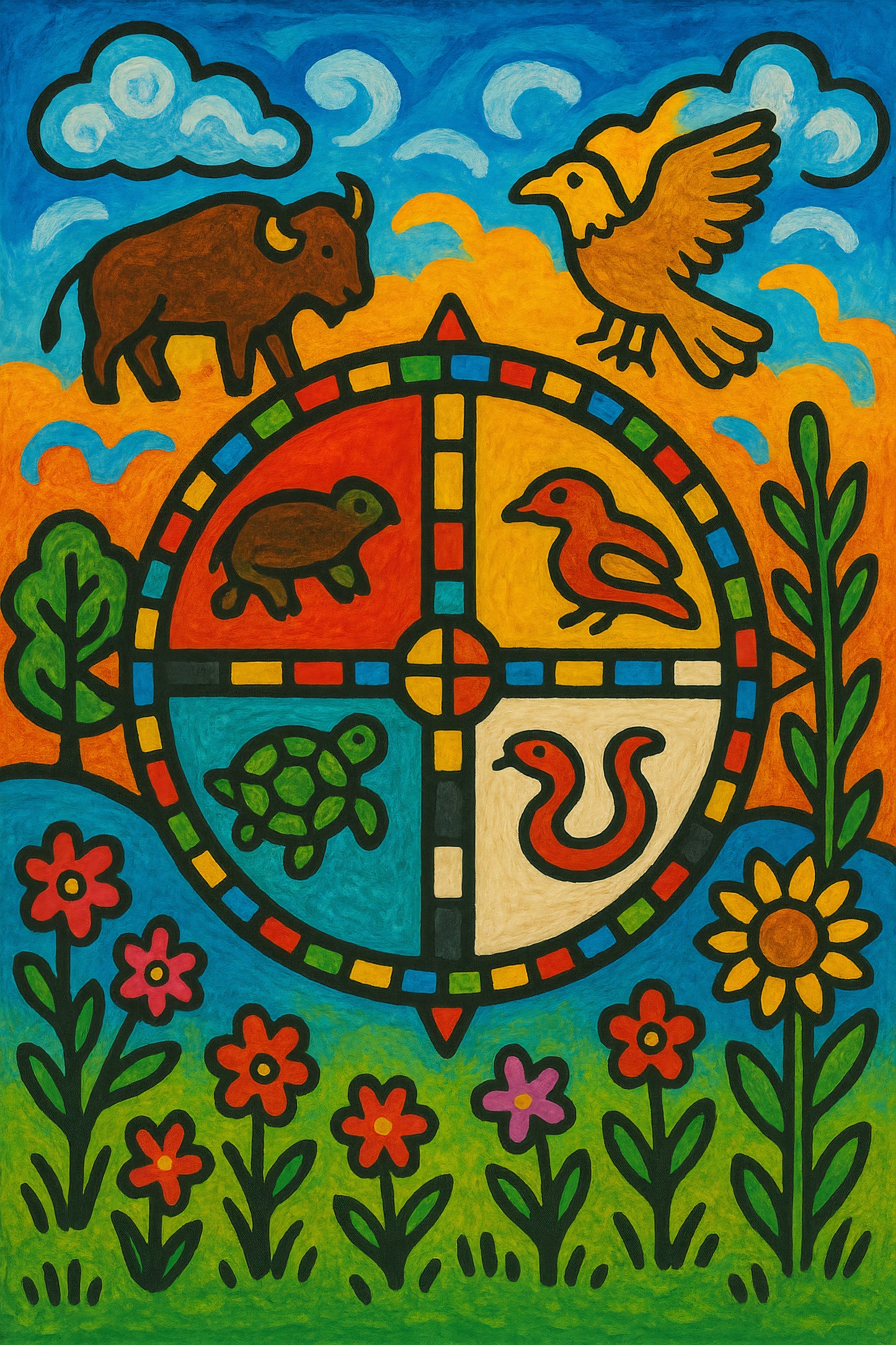 Affiche à imprimer - Roue de Médecine Animale — Œuvre Vibratoire en Art Naïf