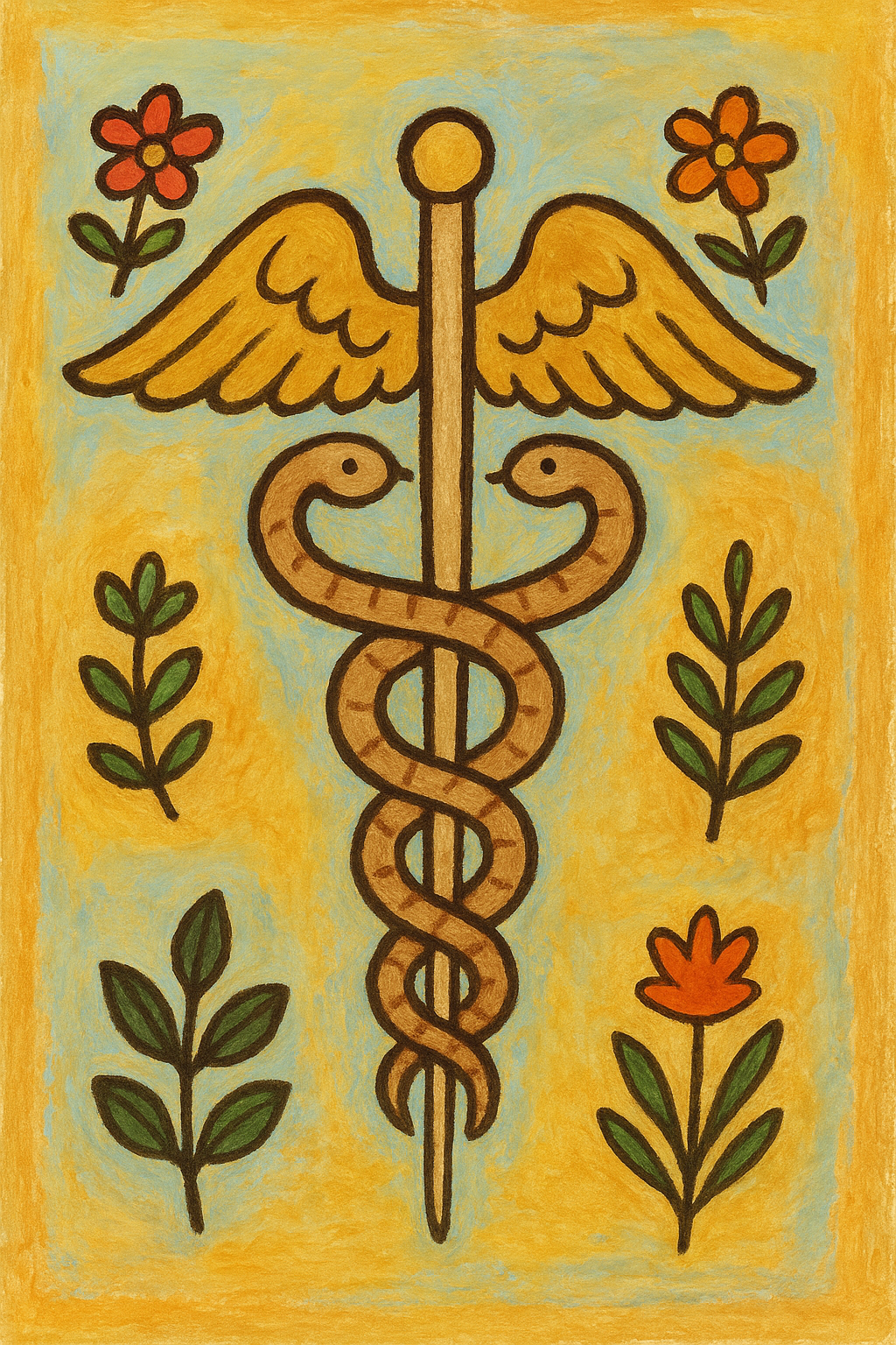 Affiche Caducée à imprimer- Le Caducée des jardins intérieurs - Œuvre vibratoire en art naïf