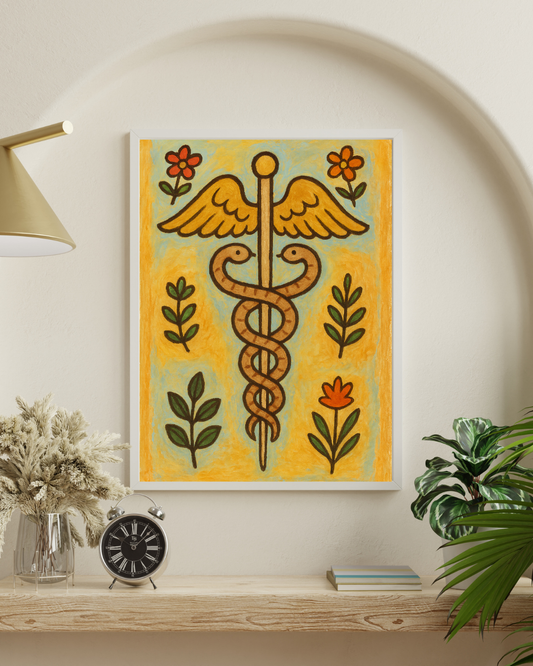 Affiche Caducée à imprimer- Le Caducée des jardins intérieurs - Œuvre vibratoire en art naïf