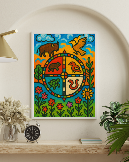 Affiche à imprimer - Roue de Médecine Animale — Œuvre Vibratoire en Art Naïf